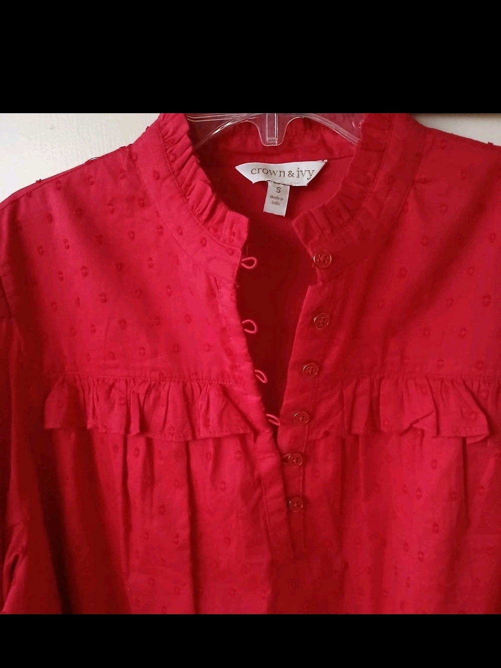 Crown & Ivy Red Ruffle-Front Top Button Blouse With Ruffle Neck And Sleeves - Picture 5 of 16
